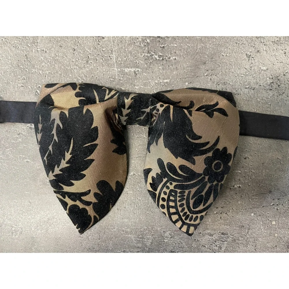 Handmade Oversized Black Brocade Bow tie Vintage style 70`s Wedding Prom